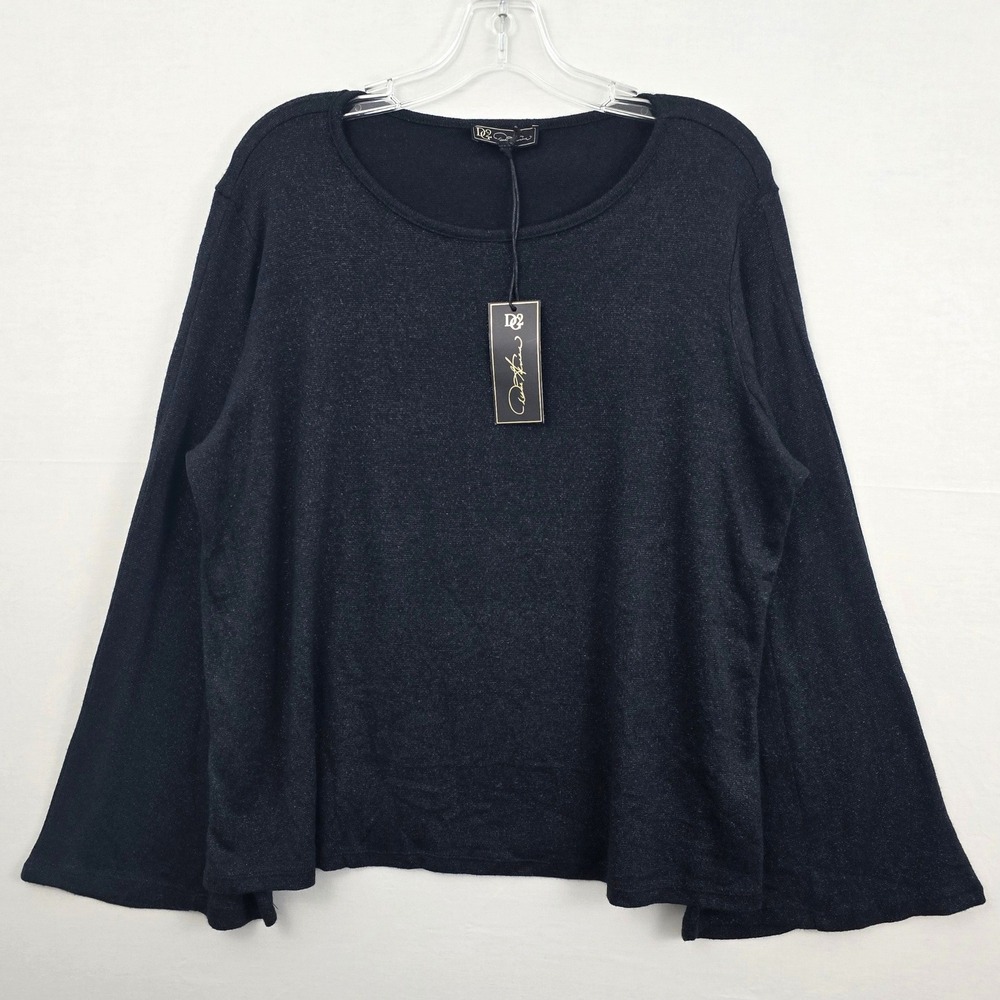 DG2‎ Diane Gilman Bell Sleeve Scoop Neck Black Women Shirt XL New